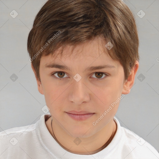 Joyful white child male with short  brown hair and brown eyes