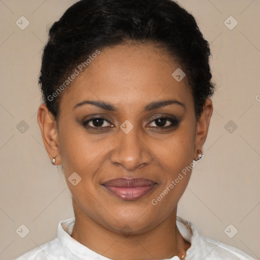 Joyful latino young-adult female with short  brown hair and brown eyes