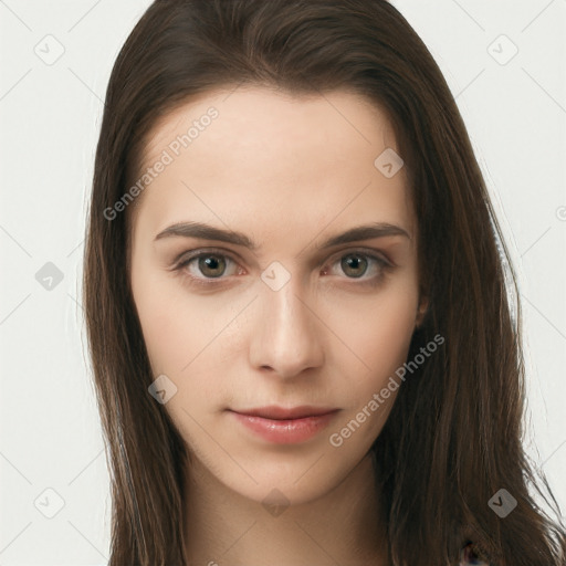 Neutral white young-adult female with long  brown hair and brown eyes