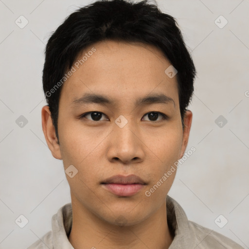 Neutral asian young-adult male with short  black hair and brown eyes