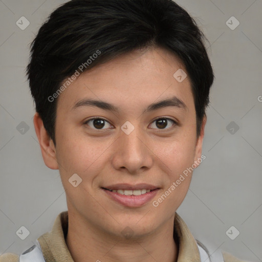 Joyful asian young-adult female with short  brown hair and brown eyes