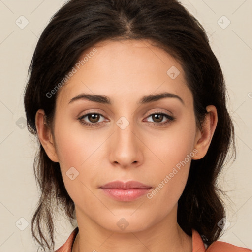 Neutral white young-adult female with long  brown hair and brown eyes