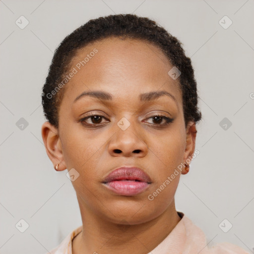 Neutral black young-adult female with short  brown hair and brown eyes