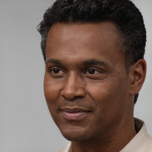 Joyful latino adult male with short  black hair and brown eyes