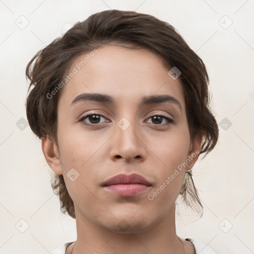 Neutral white young-adult female with medium  brown hair and brown eyes