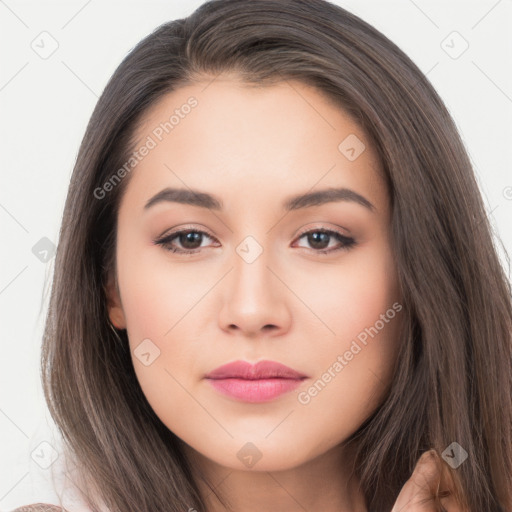 Neutral white young-adult female with long  brown hair and brown eyes