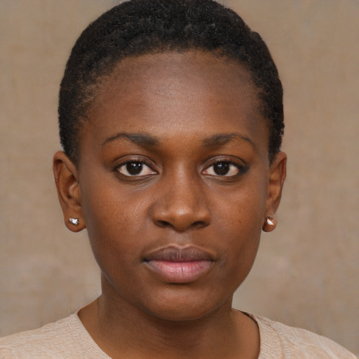 Neutral black young-adult female with short  brown hair and brown eyes
