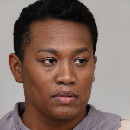 Neutral black young-adult female with short  brown hair and brown eyes