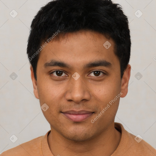 Joyful latino young-adult male with short  black hair and brown eyes