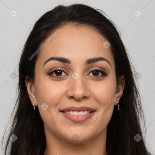 Joyful white young-adult female with long  brown hair and brown eyes