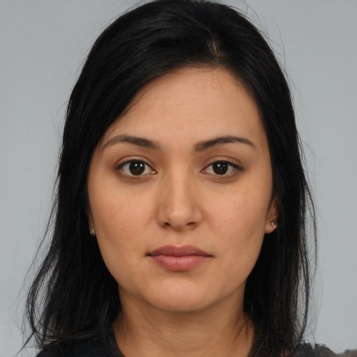Neutral latino young-adult female with long  black hair and brown eyes