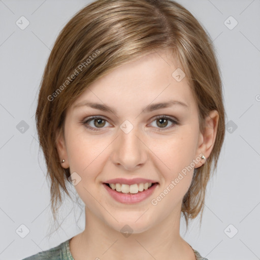 Joyful white young-adult female with medium  brown hair and grey eyes