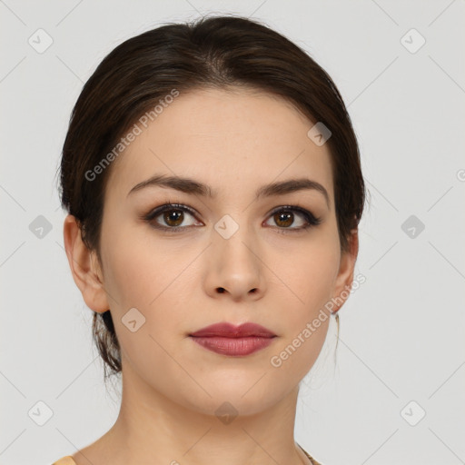 Neutral white young-adult female with medium  brown hair and brown eyes