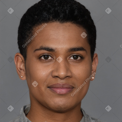 Joyful black young-adult male with short  brown hair and brown eyes