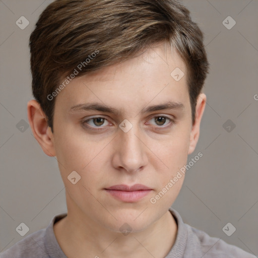 Neutral white young-adult male with short  brown hair and grey eyes