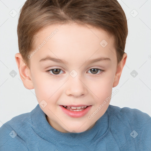 Joyful white child female with short  brown hair and brown eyes