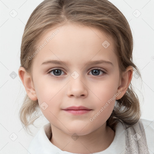 Neutral white child female with medium  brown hair and grey eyes