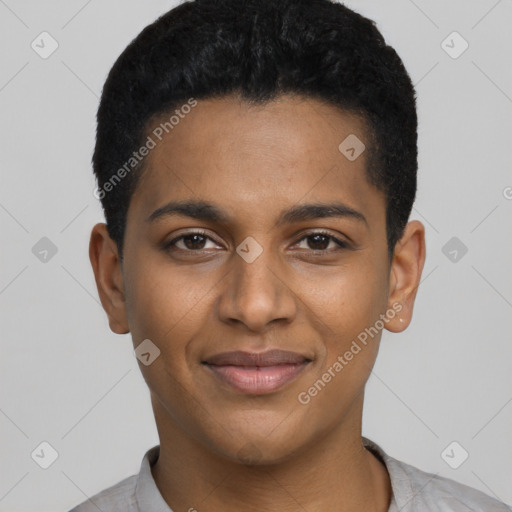 Joyful black young-adult male with short  black hair and brown eyes