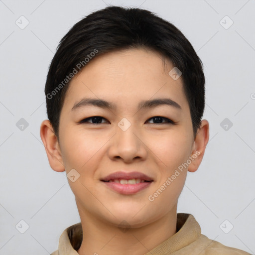 Joyful asian young-adult female with short  brown hair and brown eyes