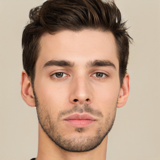 Neutral white young-adult male with short  brown hair and brown eyes