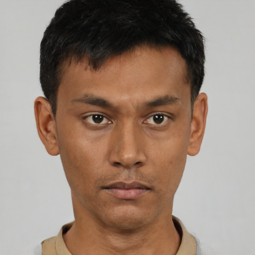 Neutral asian young-adult male with short  black hair and brown eyes