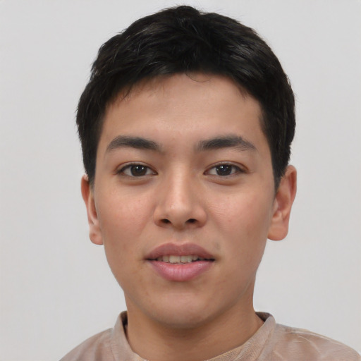 Neutral asian young-adult male with short  black hair and brown eyes