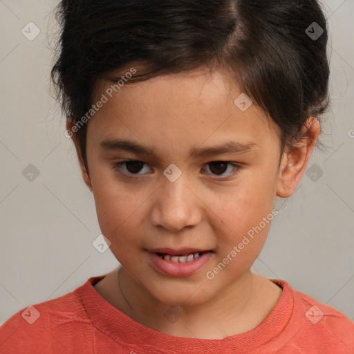 Joyful white child female with short  brown hair and brown eyes