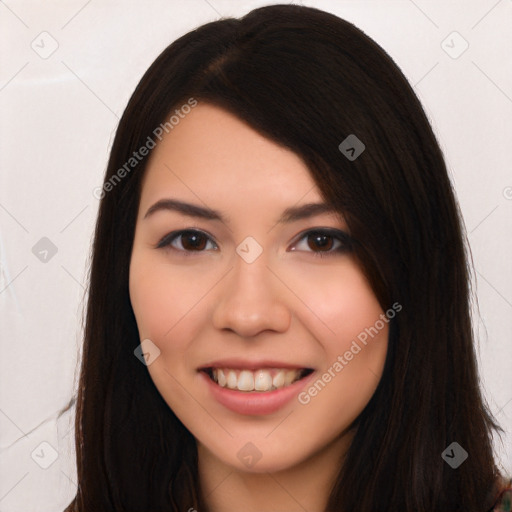 Joyful white young-adult female with long  black hair and brown eyes