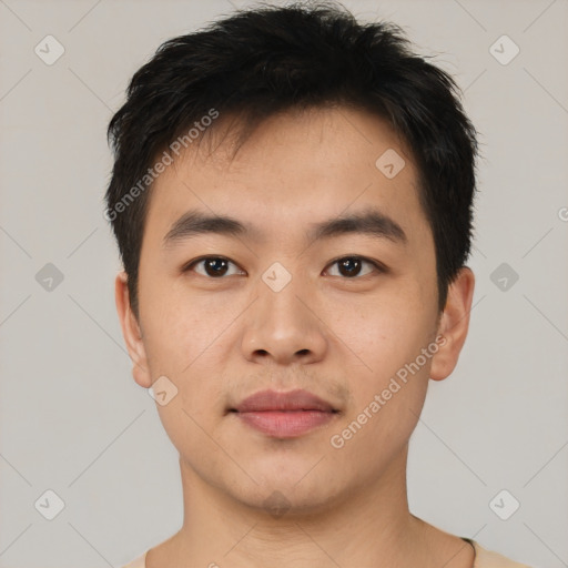 Neutral asian young-adult male with short  black hair and brown eyes