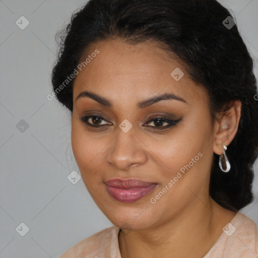 Joyful latino young-adult female with long  brown hair and brown eyes