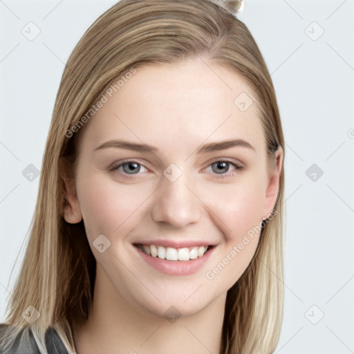 Joyful white young-adult female with long  brown hair and grey eyes