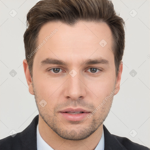 Neutral white young-adult male with short  brown hair and brown eyes