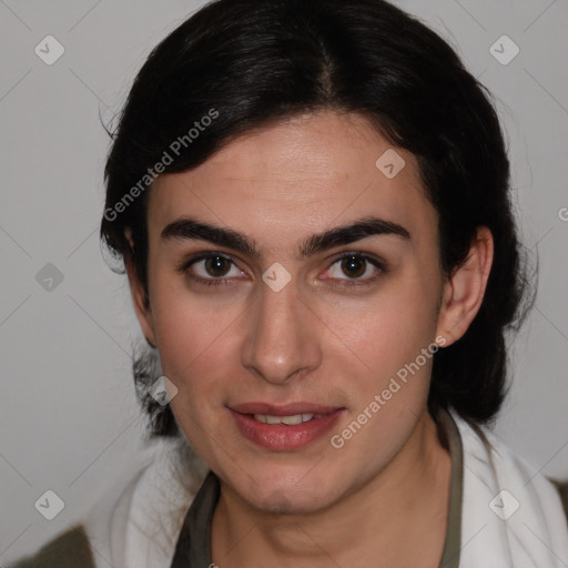 Joyful white young-adult female with medium  brown hair and brown eyes