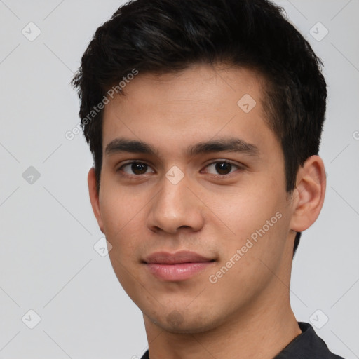 Neutral white young-adult male with short  black hair and brown eyes