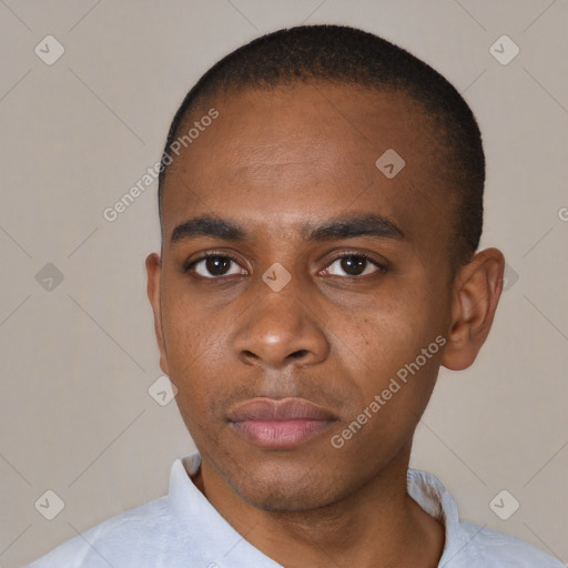 Neutral black young-adult male with short  black hair and brown eyes