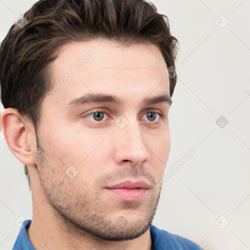 Neutral white young-adult male with short  brown hair and grey eyes