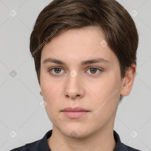 Neutral white young-adult female with short  brown hair and brown eyes