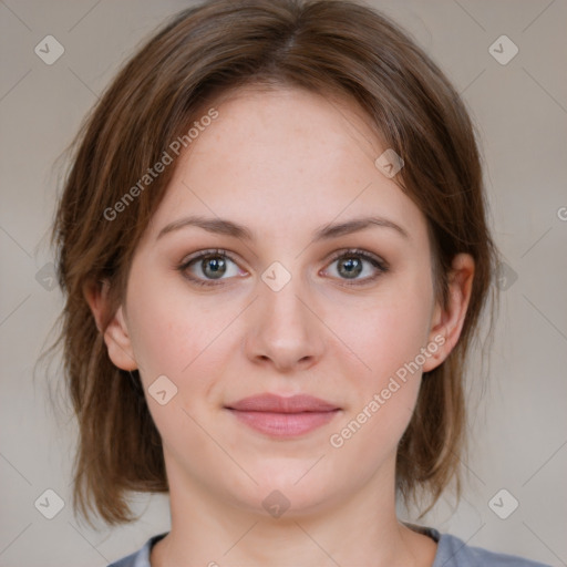 Joyful white young-adult female with medium  brown hair and blue eyes