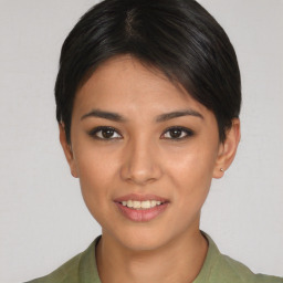 Joyful asian young-adult female with short  black hair and brown eyes