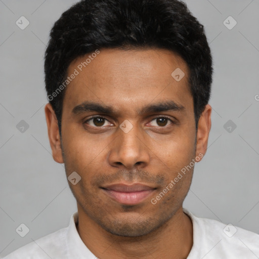 Neutral latino young-adult male with short  black hair and brown eyes