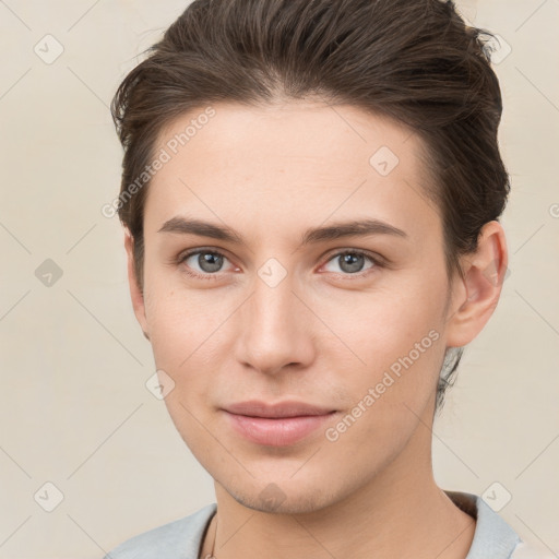 Neutral white young-adult female with short  brown hair and brown eyes