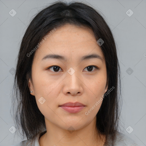 Neutral asian young-adult female with medium  brown hair and brown eyes