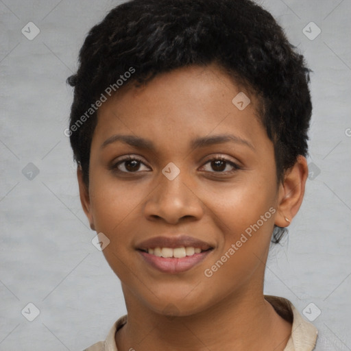 Joyful latino young-adult female with short  black hair and brown eyes