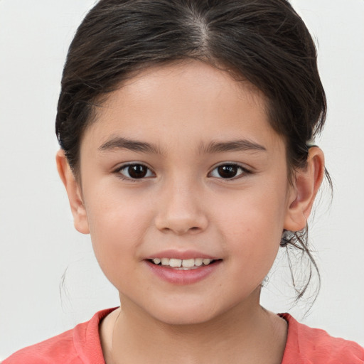 Joyful white child female with medium  brown hair and brown eyes