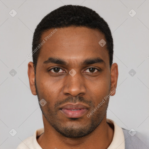 Neutral black young-adult male with short  black hair and brown eyes