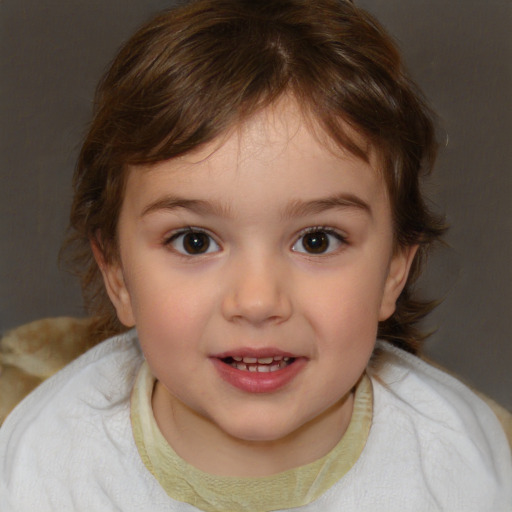 Joyful white child female with medium  brown hair and brown eyes