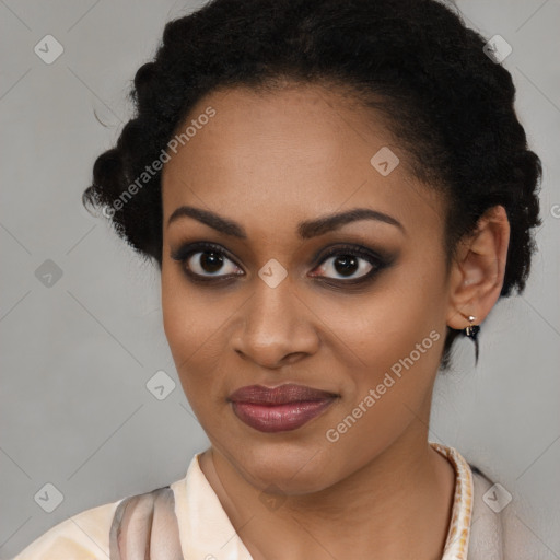 Joyful latino young-adult female with long  black hair and brown eyes