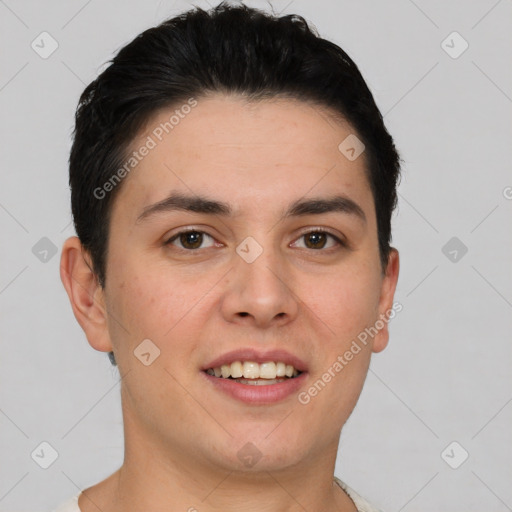 Joyful white young-adult male with short  black hair and brown eyes