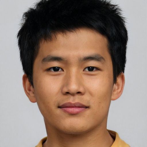 Neutral asian young-adult male with short  black hair and brown eyes