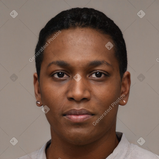 Neutral black young-adult male with short  black hair and brown eyes